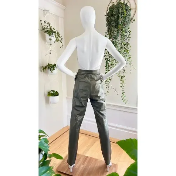 Vintage 1980s Pants 80s Genuine Leather Metallic Brass Gold High Rise Trousers